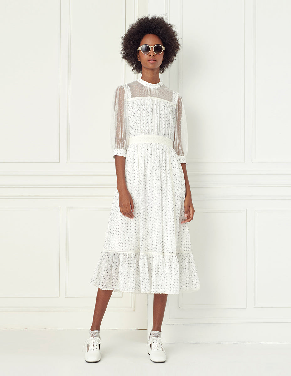 high-neck tulle inserted dotted dress – BORA AKSU