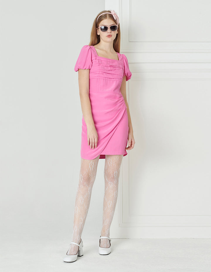 BORA AKSU Puff-Sleeved Square-Neck Acetate Pleated Wrap-Hip Dress