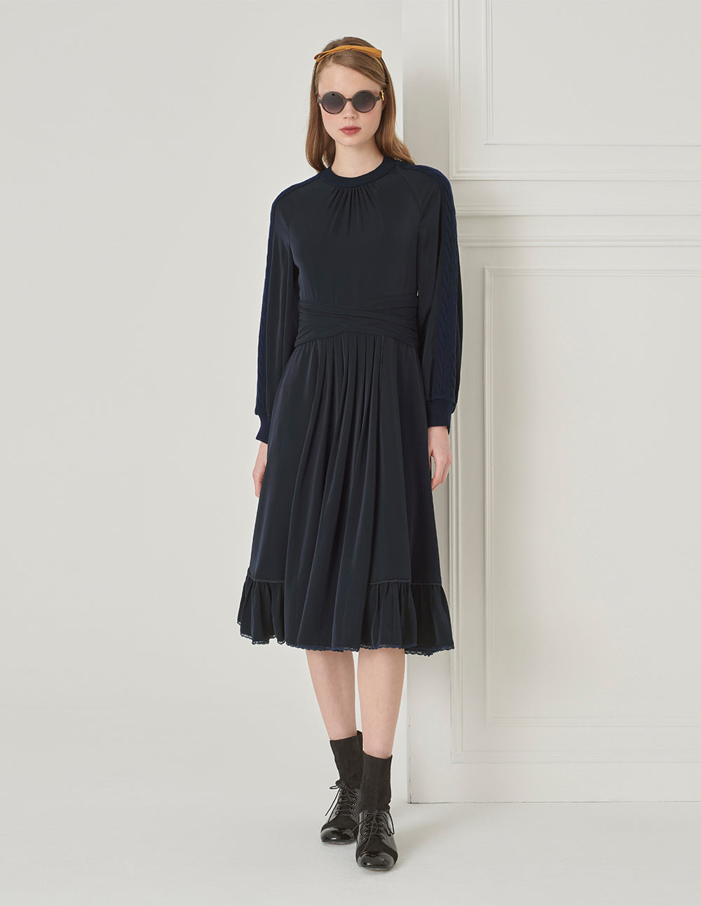BORA AKSU French Puff Sleeve Elegant Pleated Knit Woven Dress