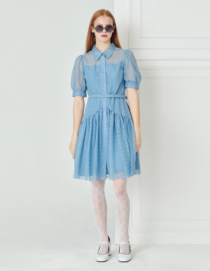 BORA AKSU Petal Trim Lace Pleated  Shirt Dress