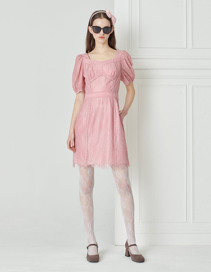 BORA AKSU Diamond Neck Slim Lace Dress