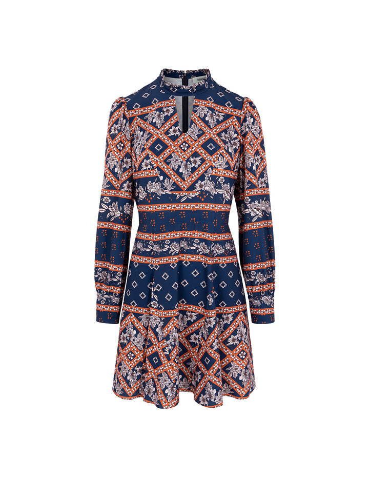 BORA AKSU Puff Sleeve Cutout Stand Collar Printed Pleated Dress