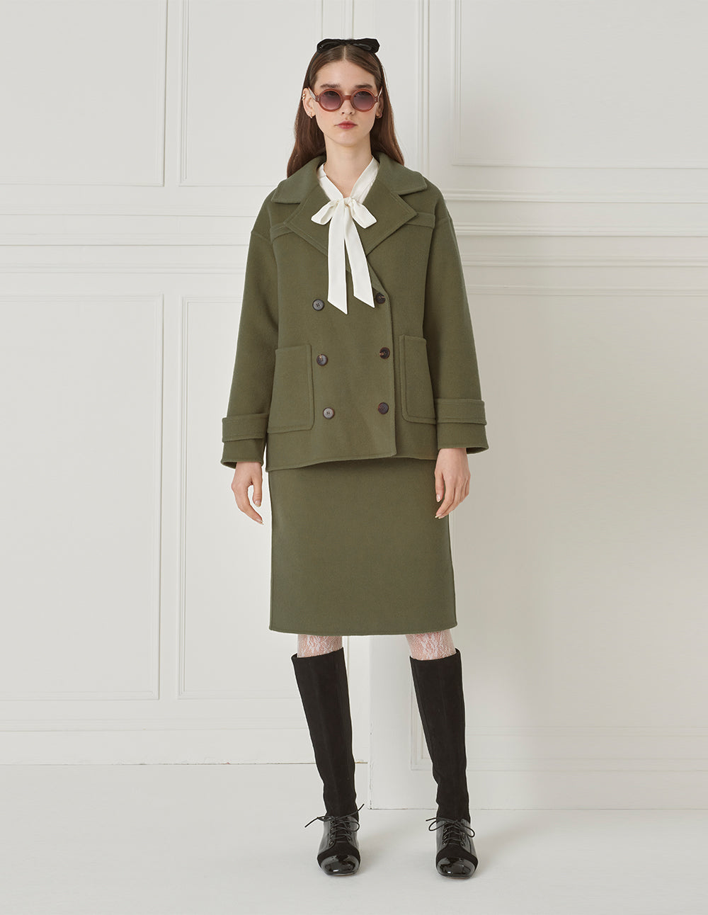 BORA AKSU Straight-Leg Olive Green Woolen Skirt With Patch Pockets