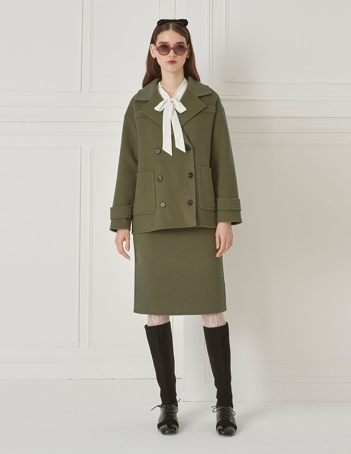 BORA AKSU Straight-Leg Olive Green Woolen Skirt With Patch Pockets