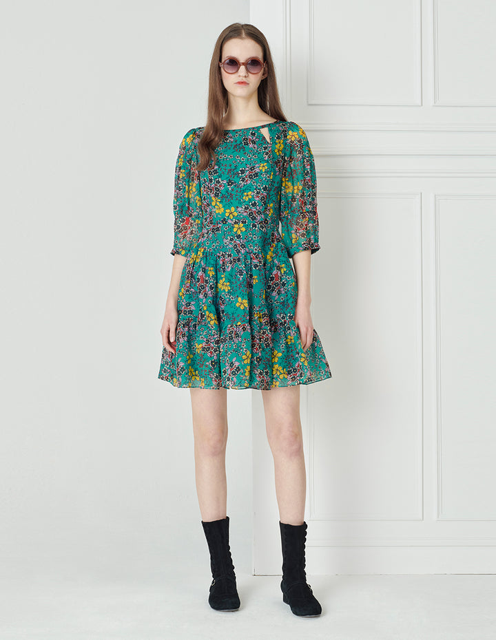 BORA AKSU Colourful Printed Silk Puff Sleeve Dress On Blue
