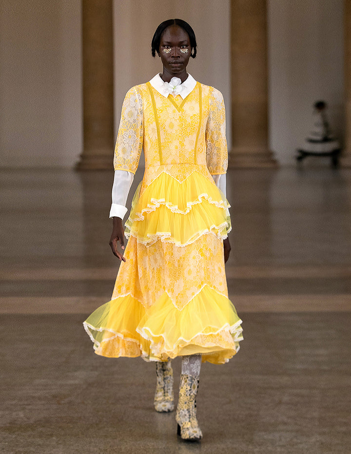 BORA AKSU Daffodil Mesh Ruffled Lace Mid-Sleeve Long Dress
