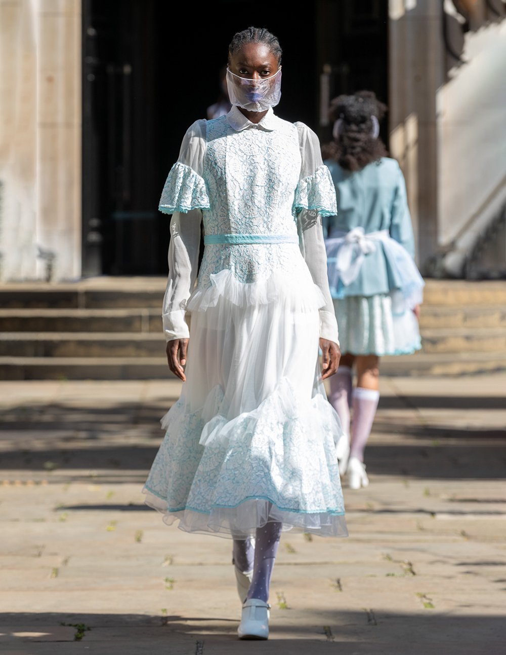 BORA AKSU Runway Lace And Tulle Wide Sleeve Ruffle Midi Dress