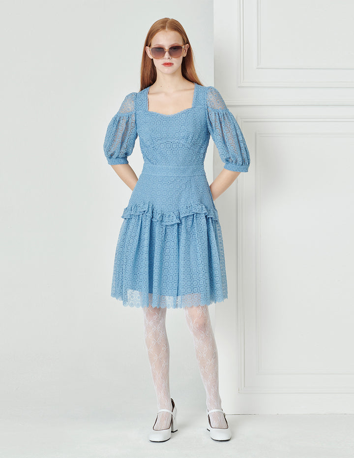 BORA AKSU Diamond Neck Ruffle Pleated Lace Dress