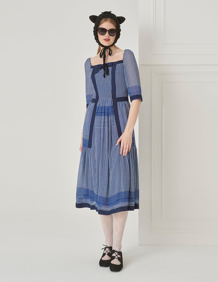 BORA AKSU Vintage Square Neck Puff Sleeve Polka Dot Print Dress