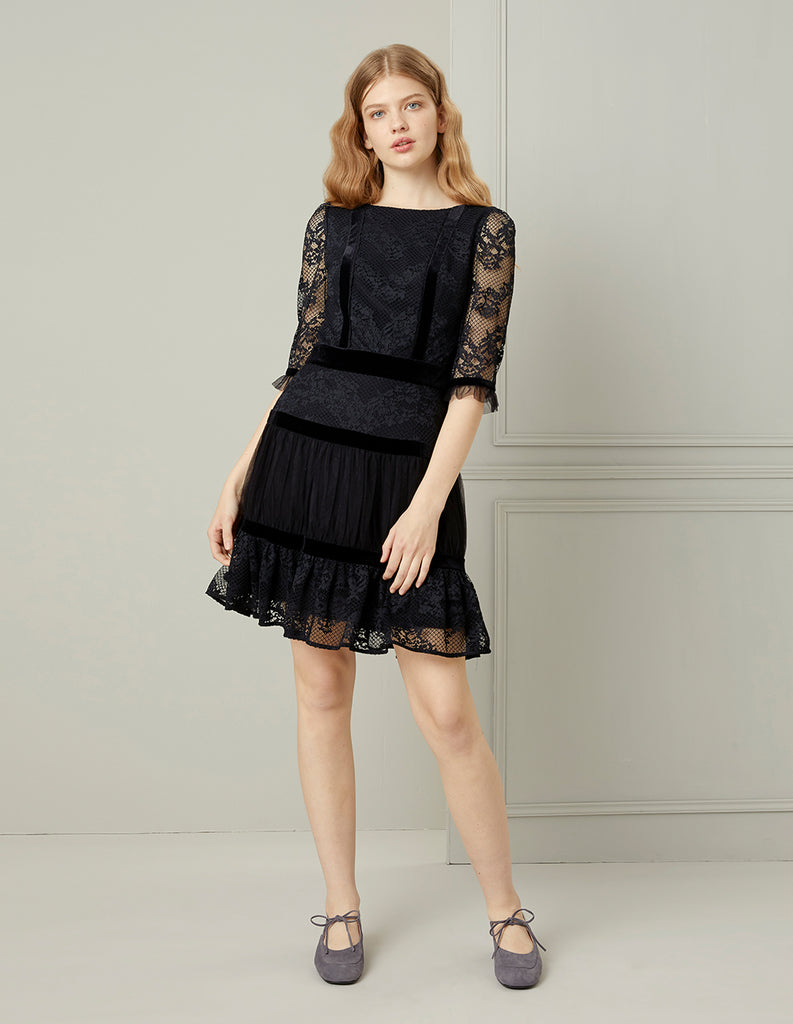 BORA AKSU BLACK LACE RUFFLE BOAT-NECK MINI DRESS