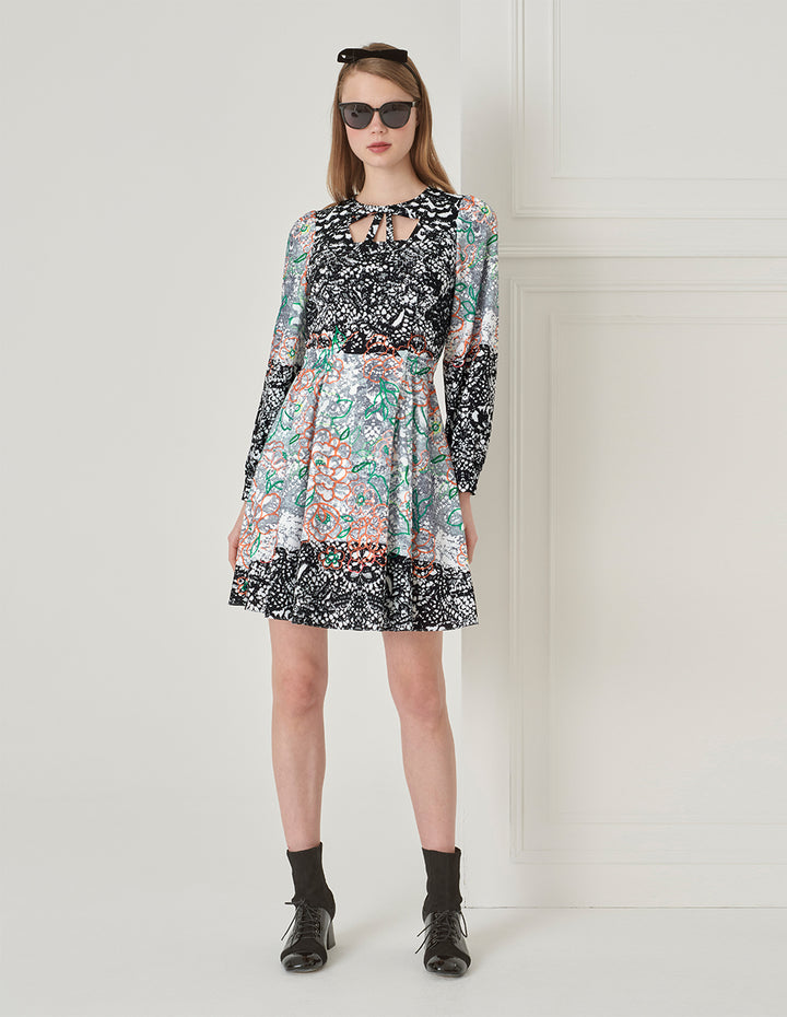 BORA AKSU Temperament Hollow Collar Puff Sleeve Lace Print Dress