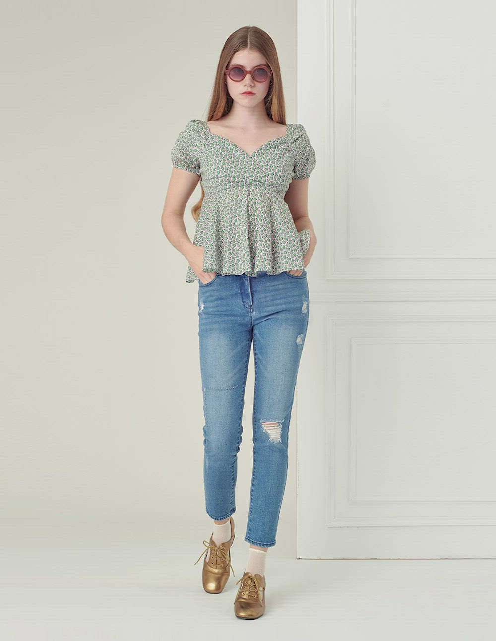 BORA AKSU Light green floral print V-neck short sleeved top