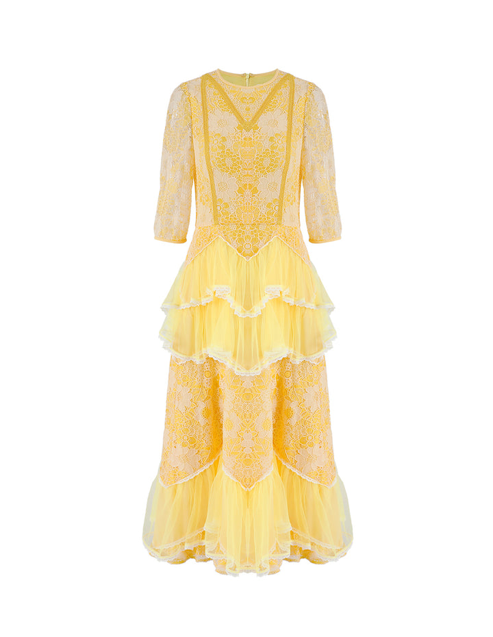 BORA AKSU Daffodil Mesh Ruffled Lace Mid-Sleeve Long Dress