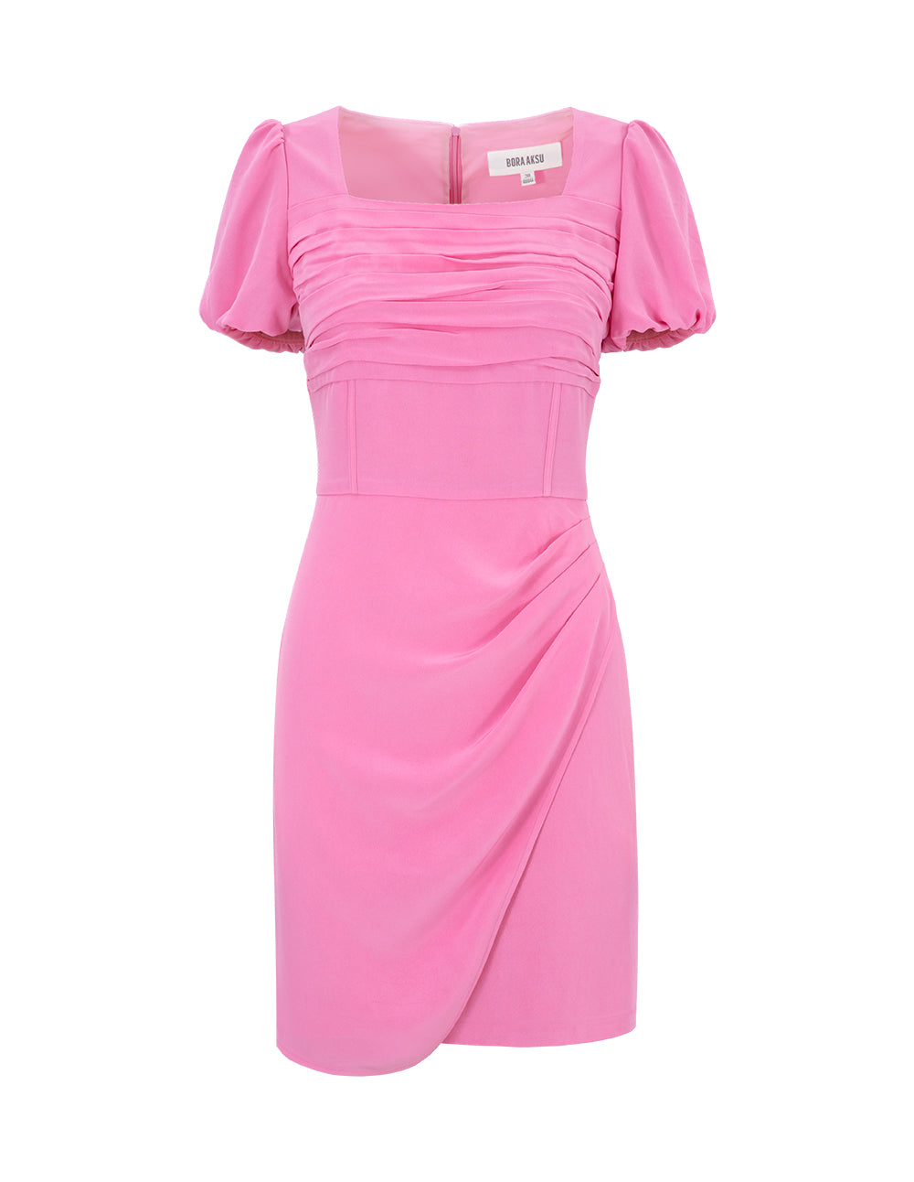 BORA AKSU Puff-Sleeved Square-Neck Acetate Pleated Wrap-Hip Dress