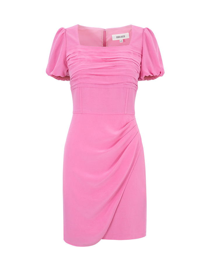 BORA AKSU Puff-Sleeved Square-Neck Acetate Pleated Wrap-Hip Dress