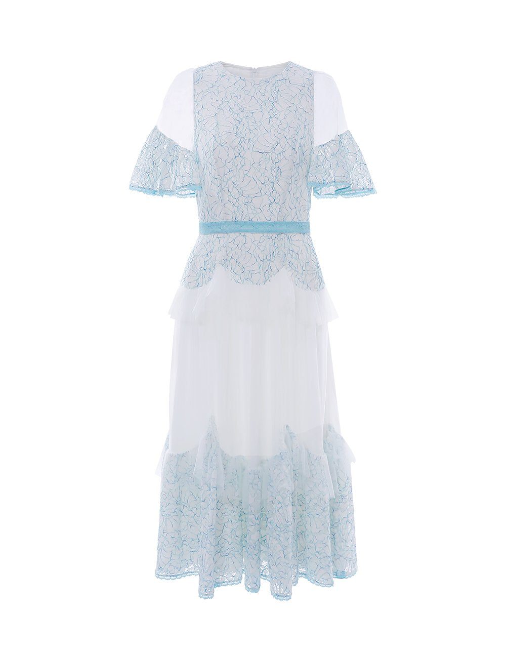 BORA AKSU Runway Lace And Tulle Wide Sleeve Ruffle Midi Dress