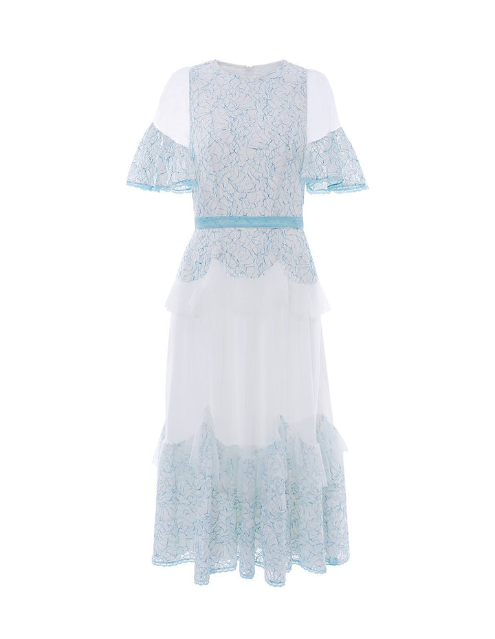 BORA AKSU Runway Lace And Tulle Wide Sleeve Ruffle Midi Dress