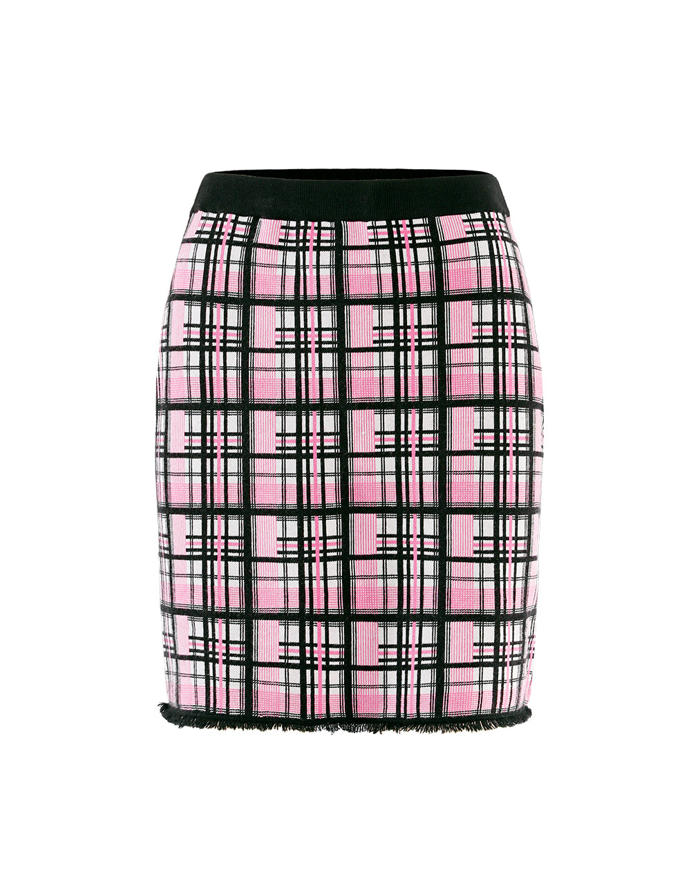 BORA AKSU Retro pink check frayed knitted mini skirt