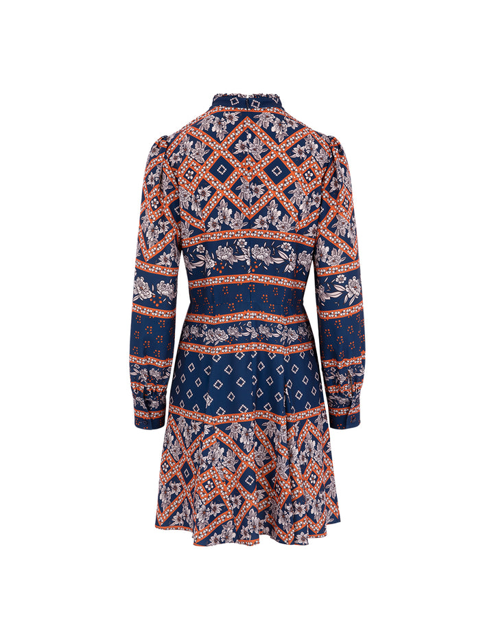BORA AKSU Puff Sleeve Cutout Stand Collar Printed Pleated Dress