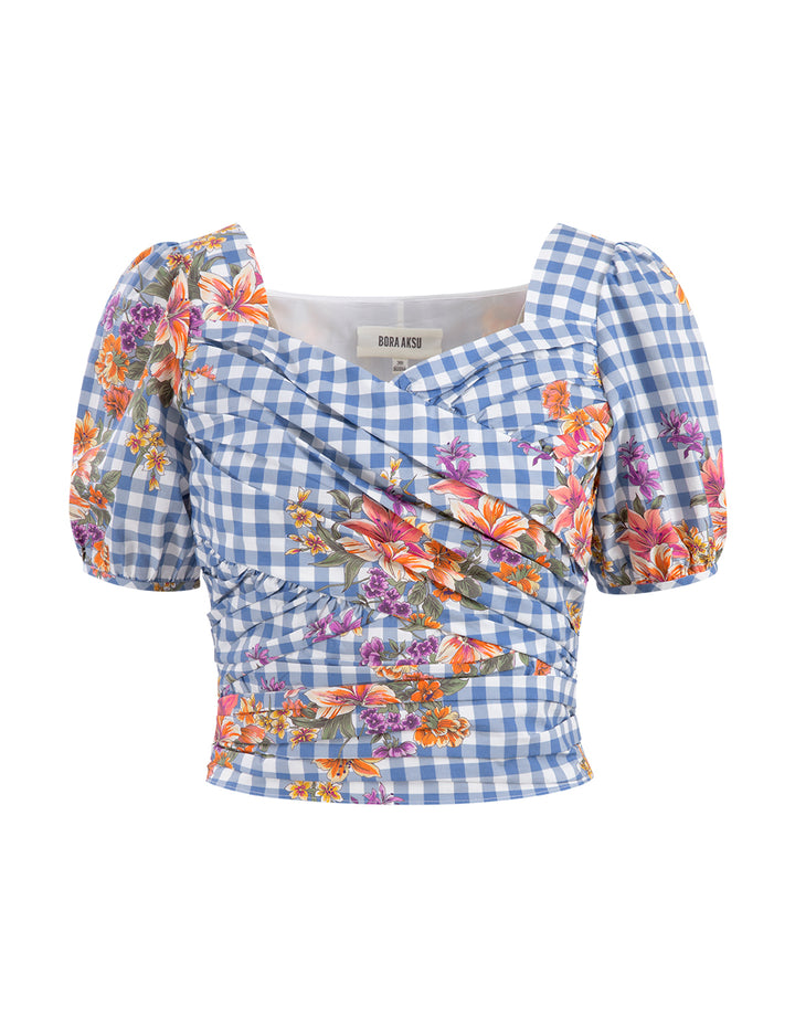 BORA AKSU Vintage Diamond Neck Pleated Print Top