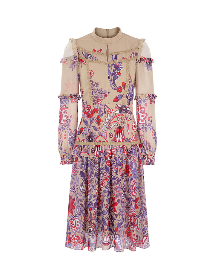 BORA AKSU French Sweet Stand-Up Collar Puff Sleeve Printed Dress