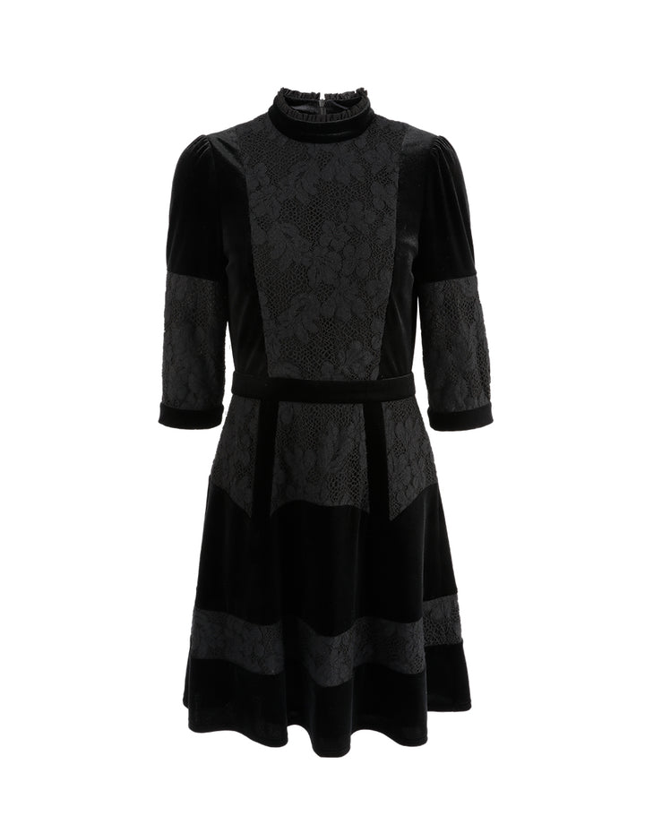 BORA AKSU Black Velvet Lace Turtleneck Fit-And-Flare Mini Dress