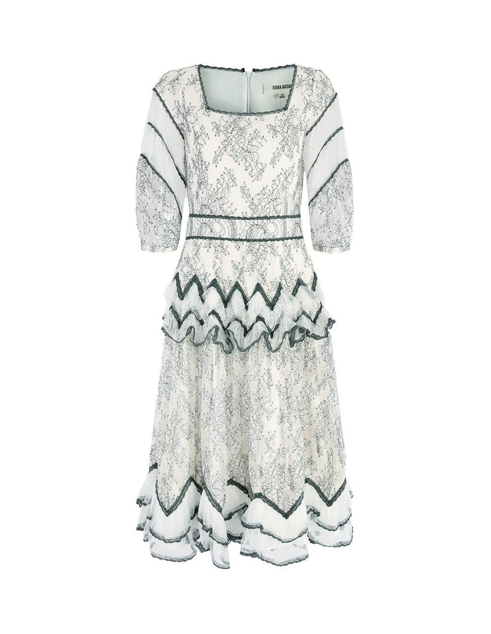 BORA AKSU Lace-Trimmed Floral Lace Square Neck Midi Dress