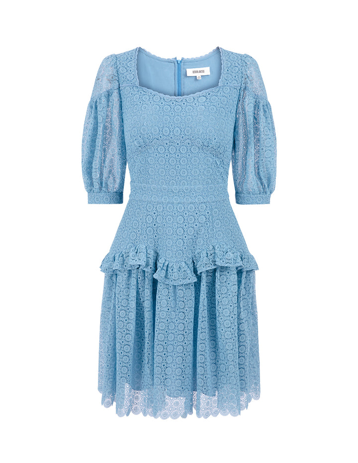 BORA AKSU Diamond Neck Ruffle Pleated Lace Dress