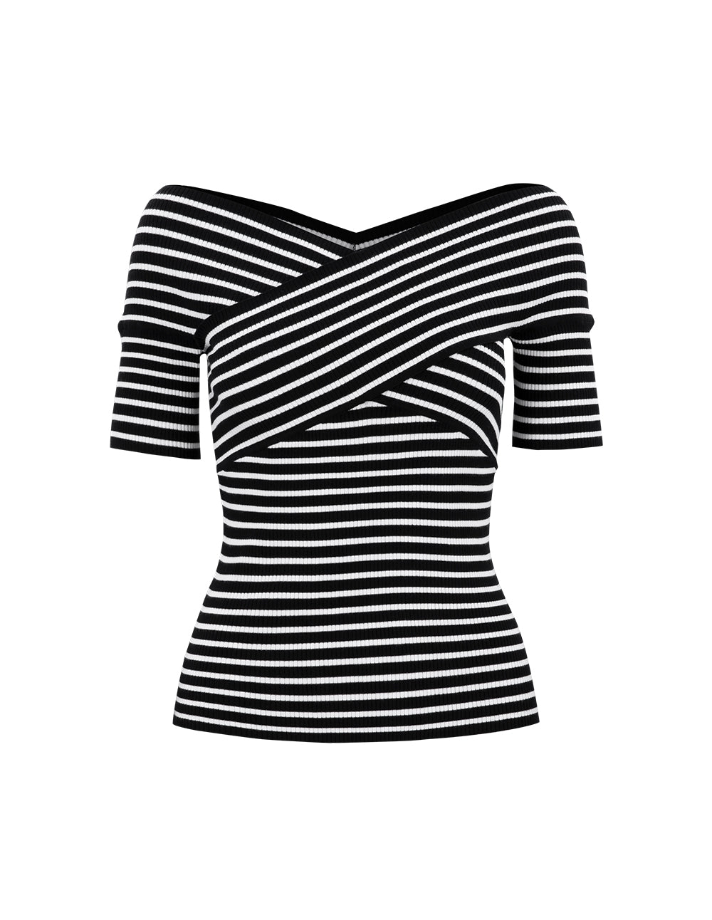 BORA AKSU Black and White Striped Chest Cross Neck Knit Sweater