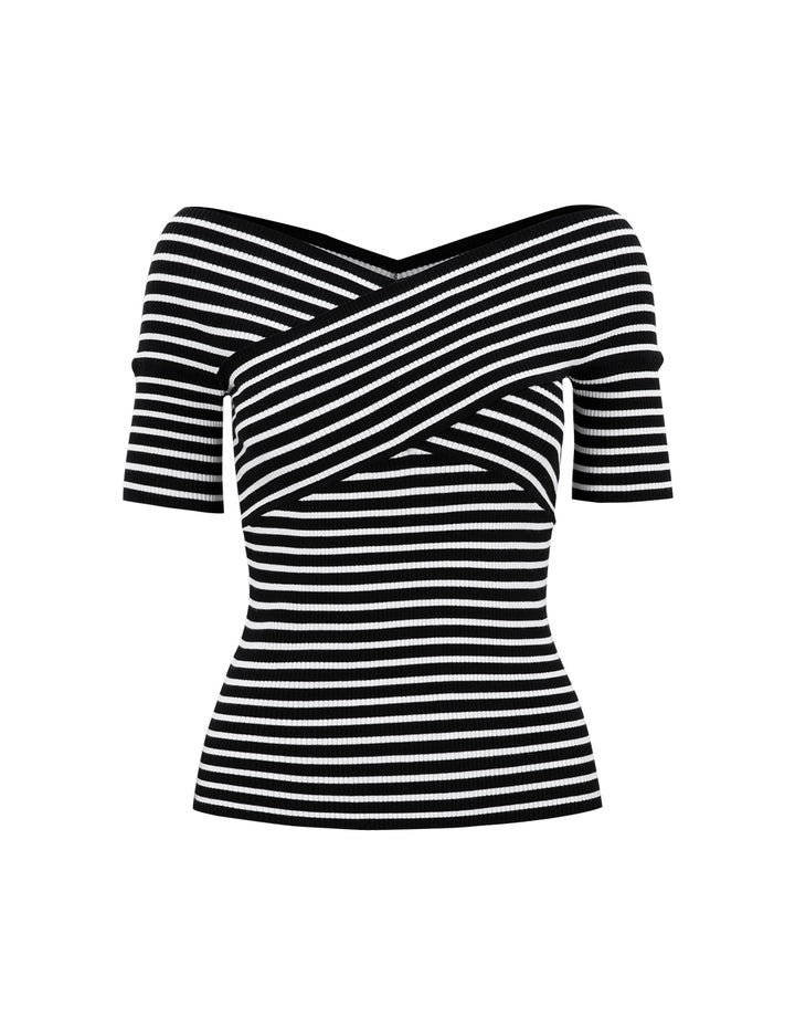 BORA AKSU Black and White Striped Chest Cross Neck Knit Sweater
