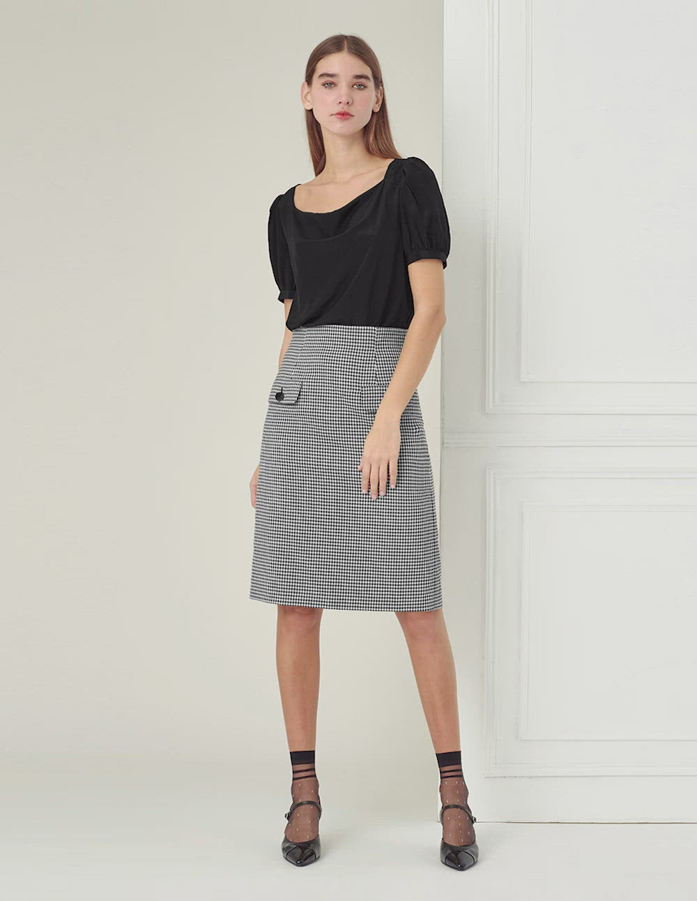 BORA AKSU Black micro puff sleeves silk top