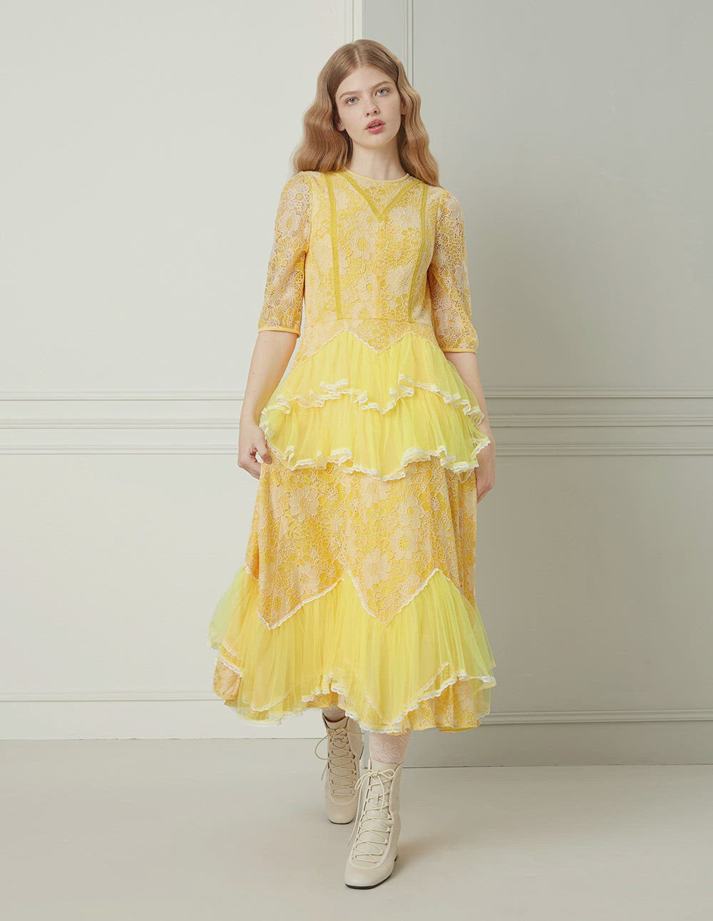 BORA AKSU Daffodil Mesh Ruffled Lace Mid-Sleeve Long Dress