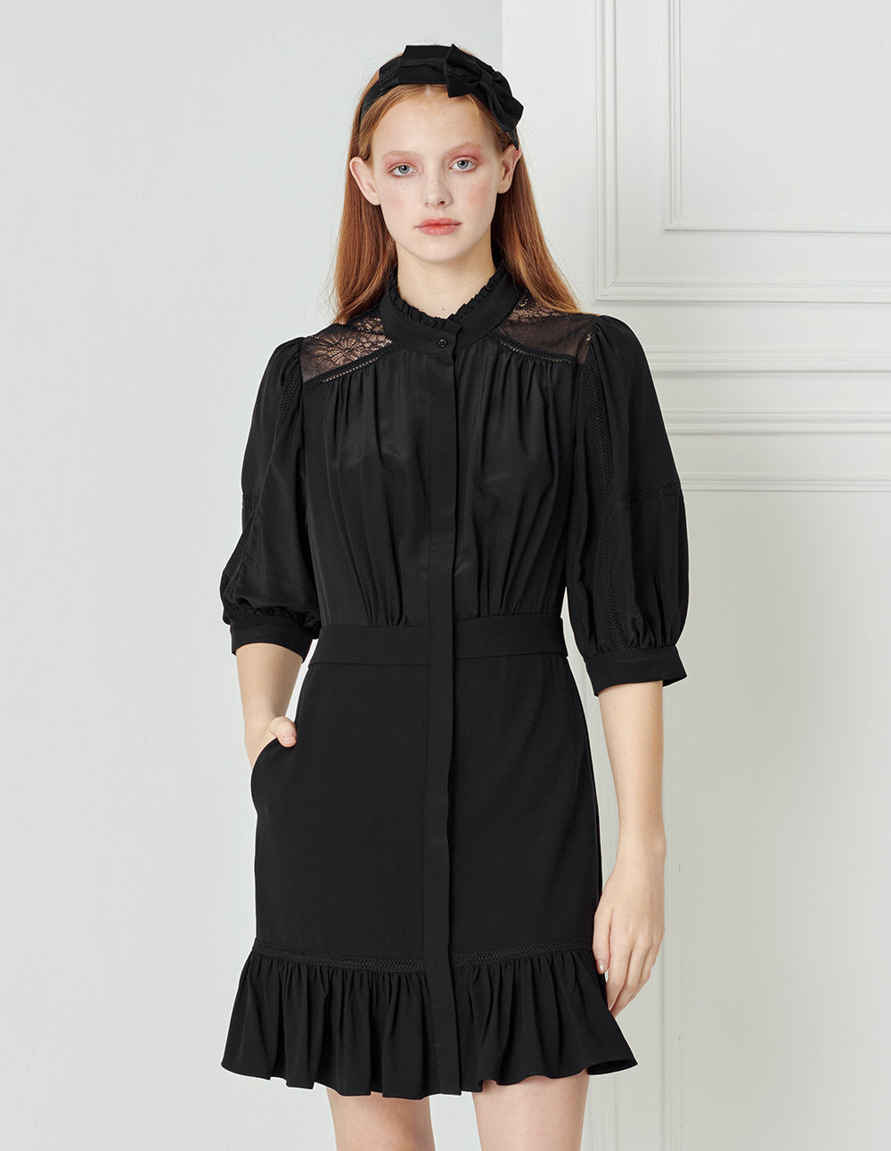 BORA AKSU Silk Puff Sleeve Shirt Style Little Black Dress
