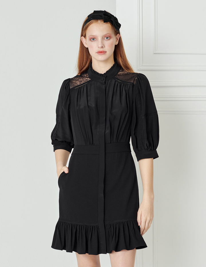 BORA AKSU Silk Puff Sleeve Shirt Style Little Black Dress