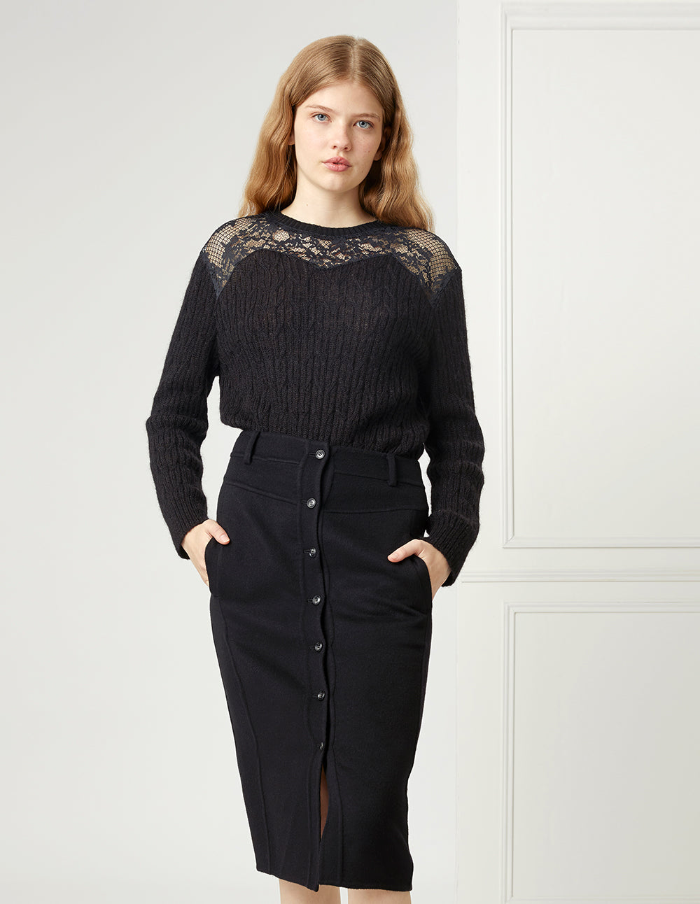 BORA AKSU LACE INSERTED LONG SLEEVE KNITTED TOP