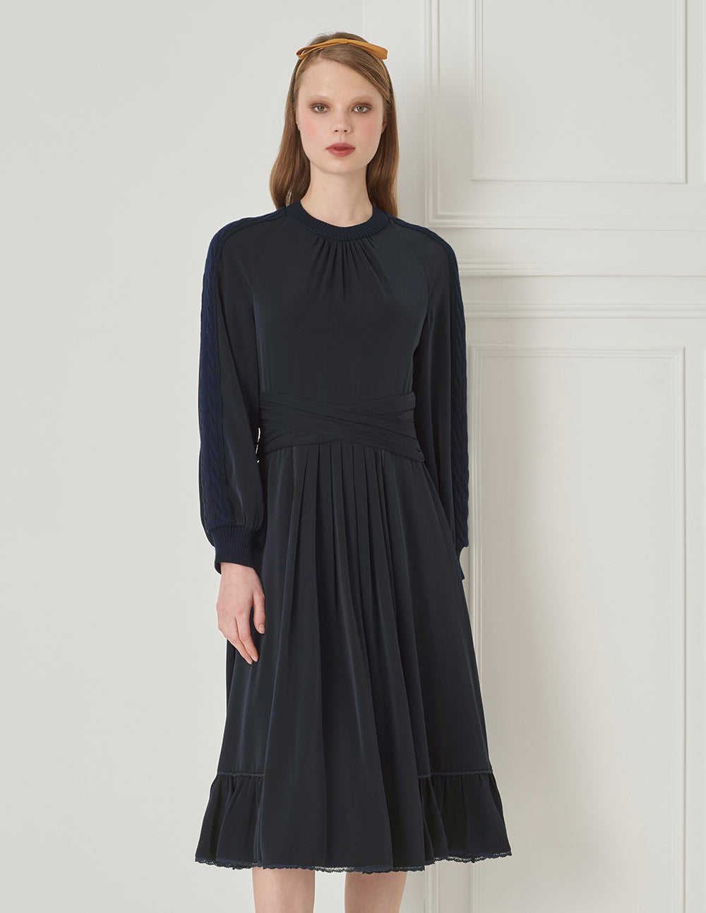 BORA AKSU French Puff Sleeve Elegant Pleated Knit Woven Dress