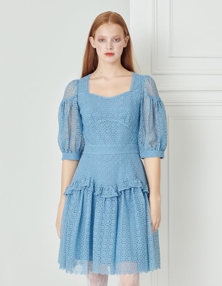 BORA AKSU Diamond Neck Ruffle Pleated Lace Dress