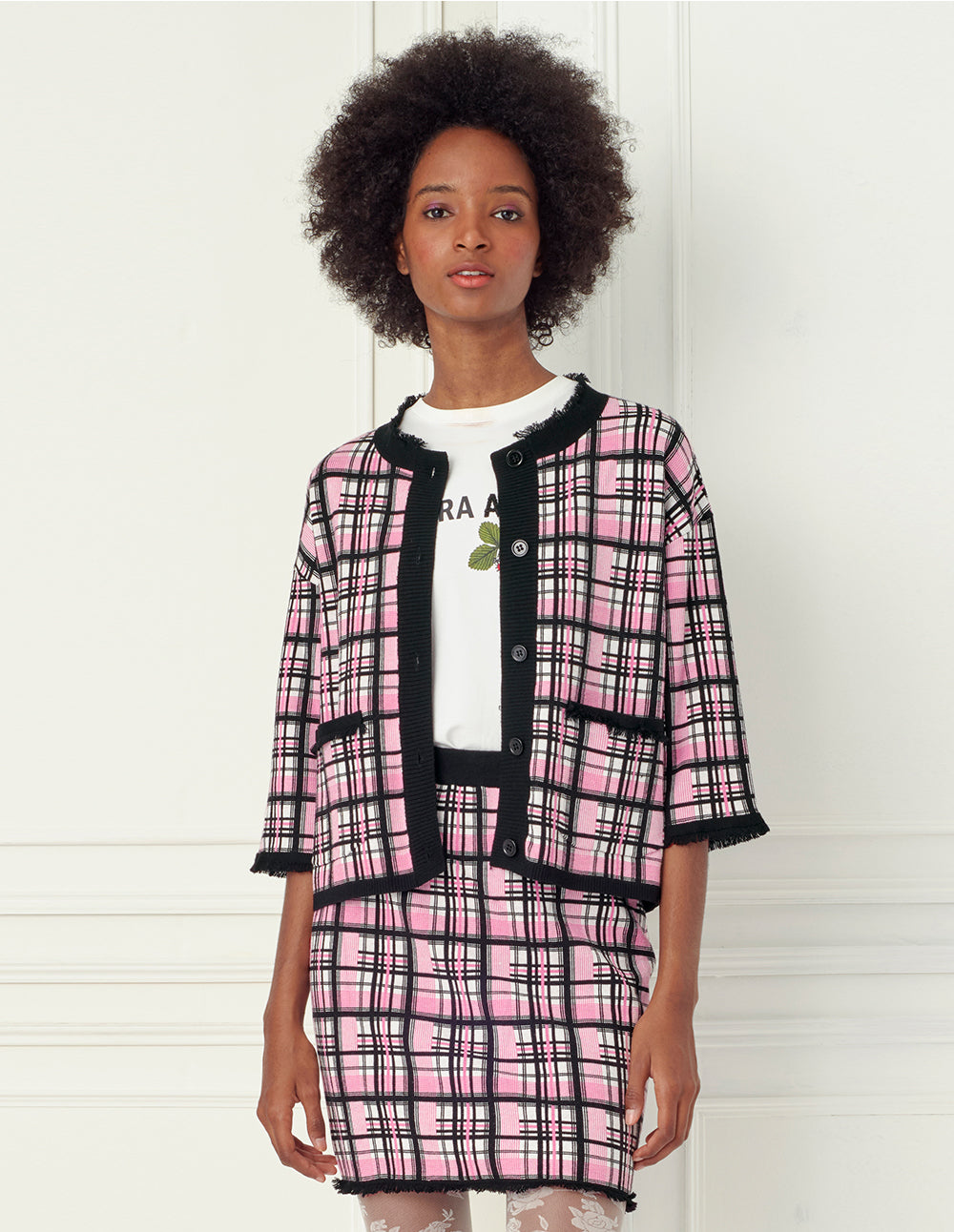 BORA AKSU Retro pink check frayed knitted mini skirt