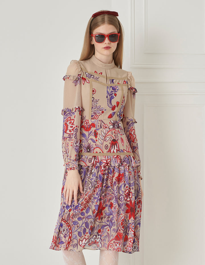 BORA AKSU French Sweet Stand-Up Collar Puff Sleeve Printed Dress