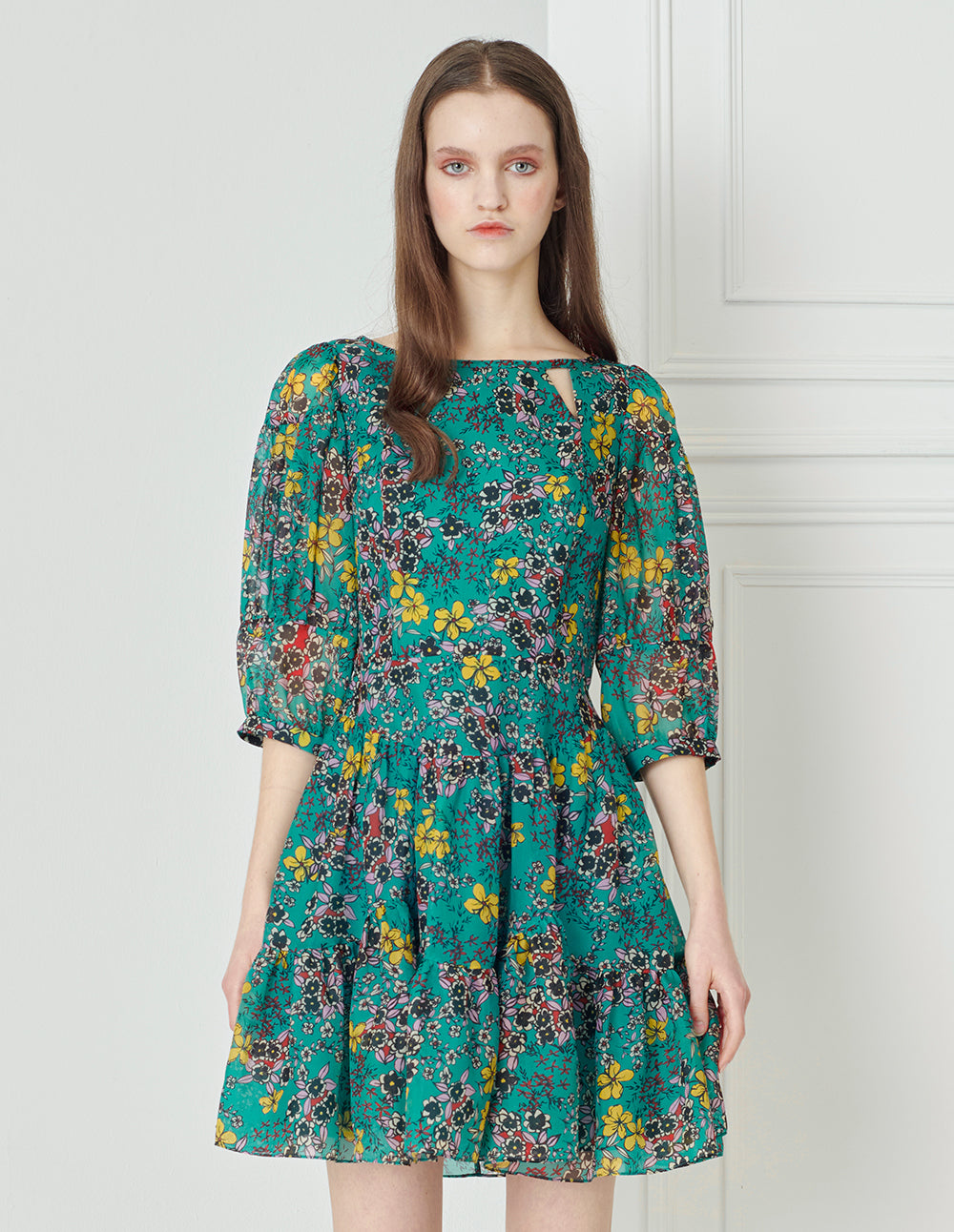 BORA AKSU Colourful Printed Silk Puff Sleeve Dress On Blue