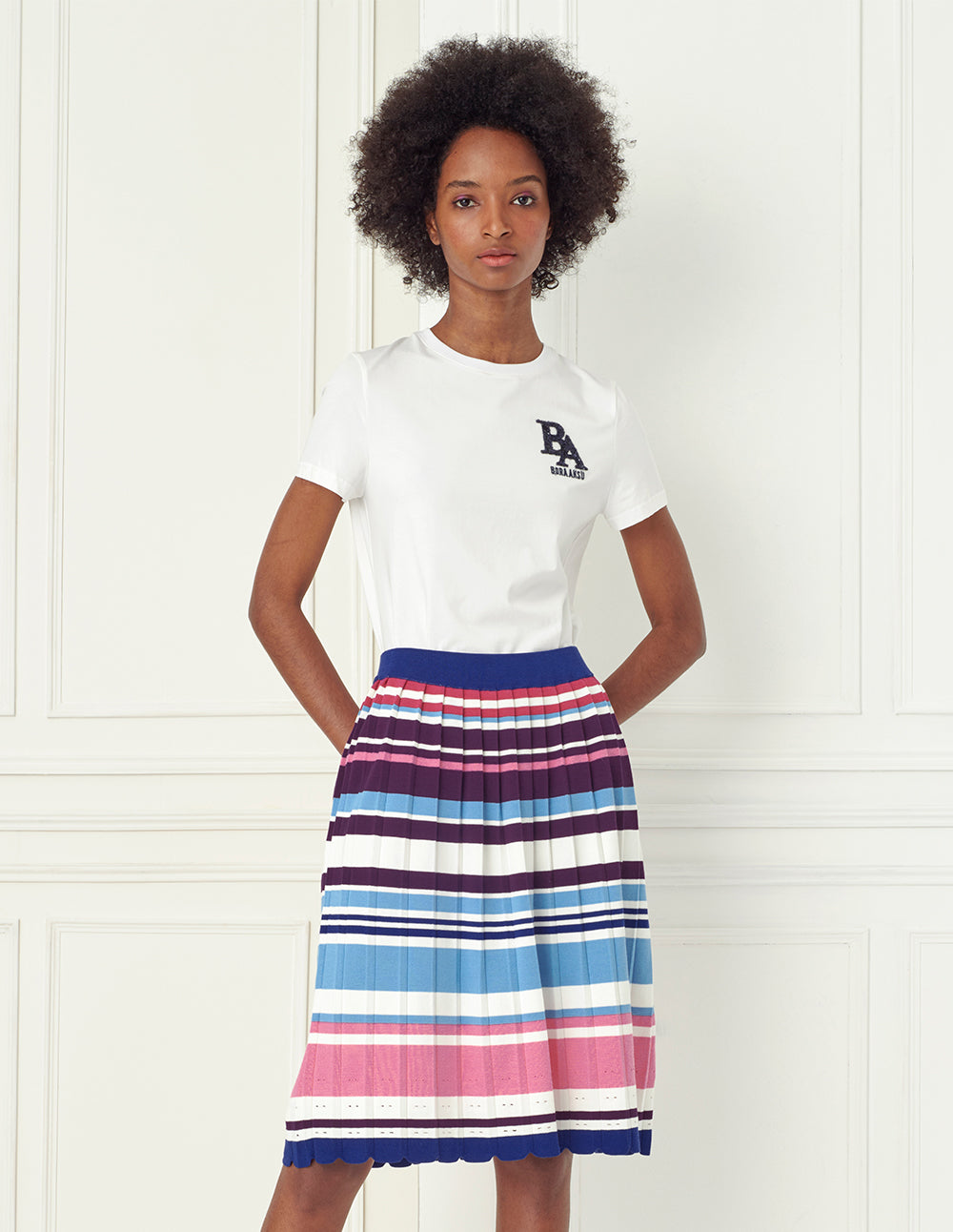 BORA AKSU Pink blues stripes pleated skirt