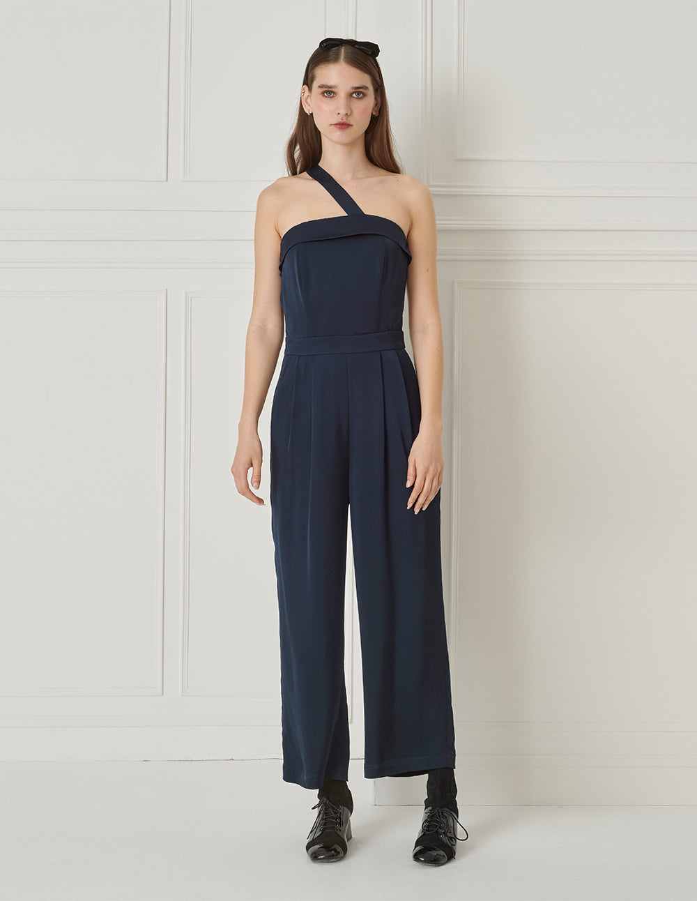 BORA AKSU Acetate Oblique Strap Strapless Navy Blue Jumpsuit