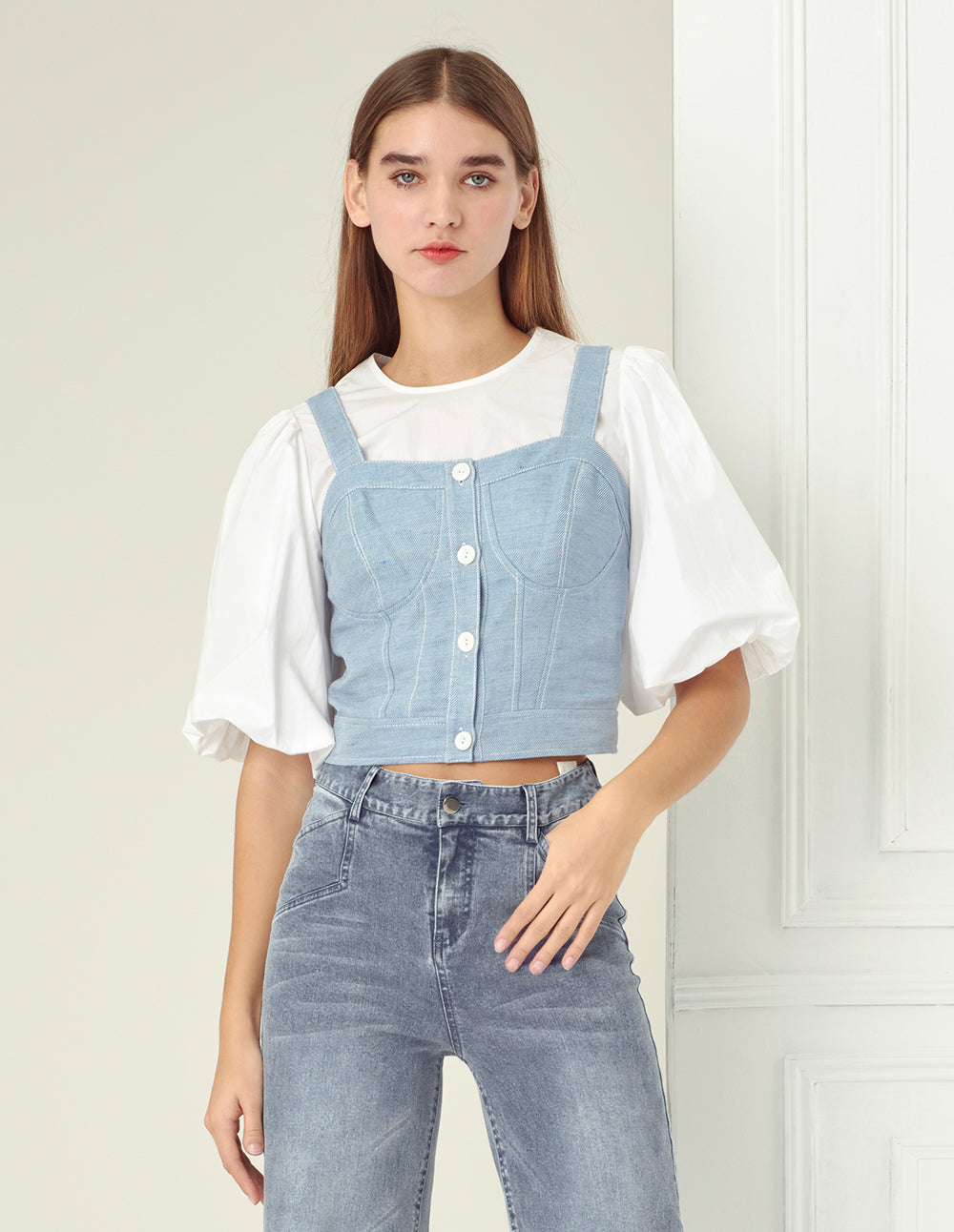 BORA AKSU Light blue twill denim suspenders