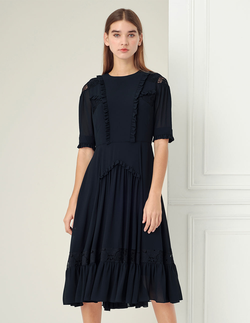 BORA AKSU Navy Blue Lace Stitching Dress
