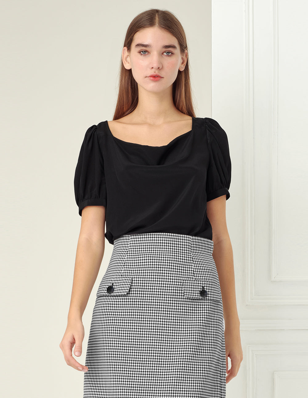 BORA AKSU Black micro puff sleeves silk top