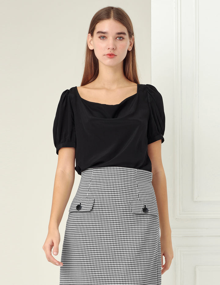 BORA AKSU Black micro puff sleeves silk top