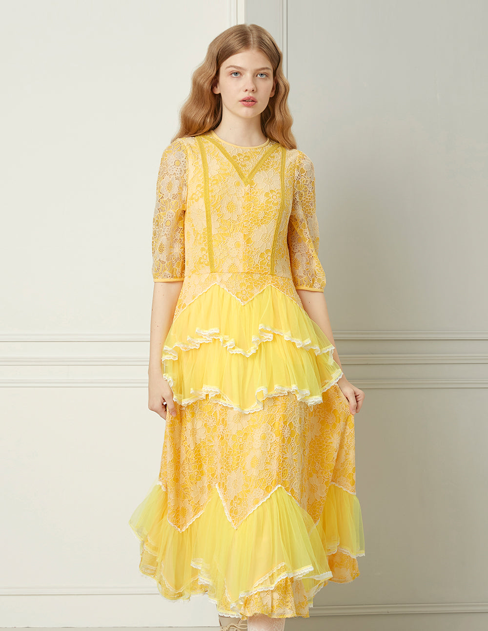 BORA AKSU Daffodil Mesh Ruffled Lace Mid-Sleeve Long Dress
