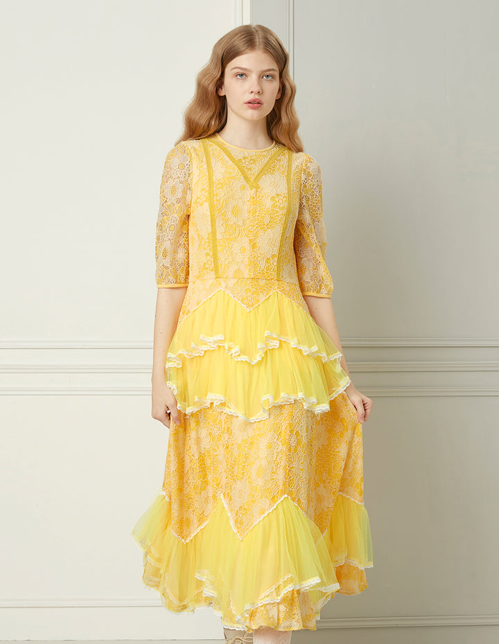 BORA AKSU Daffodil Mesh Ruffled Lace Mid-Sleeve Long Dress