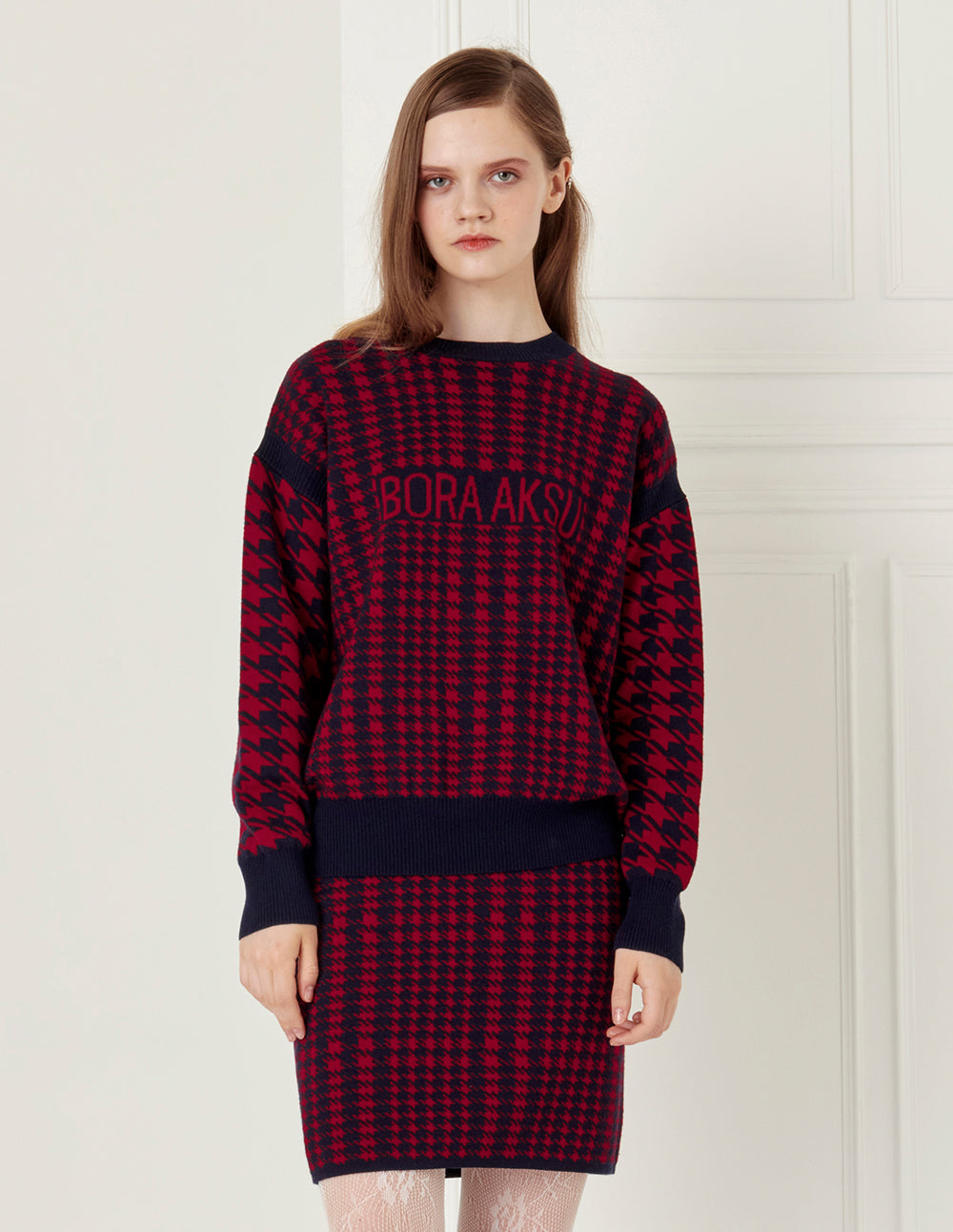 BORA AKSU Red And Black Houndstooth Wool Knitted Skirt