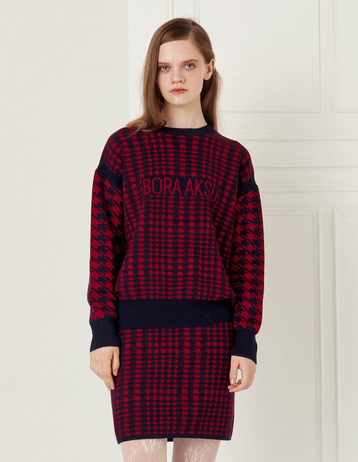BORA AKSU Red And Black Houndstooth Wool Knitted Skirt